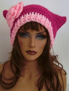 PINK CAT HAND CROCHET HAT CAP - Picture 1 of 12