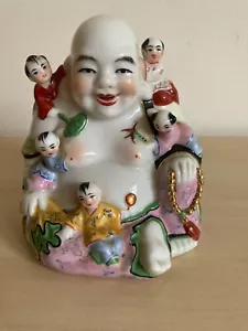Vintage Chinese Famille Rose Porcelain Laughing Buddha with 5 Children Figurine - Picture 1 of 8