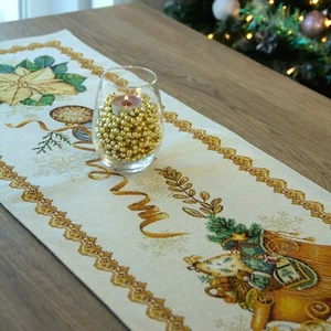 Christmas Table Runner Golden threads Holiday Tapestry Rectangular Poinsettia - Picture 1 of 12