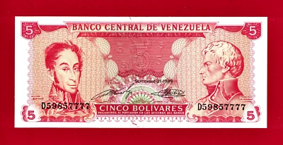 Five 5 Bolivares 1989 VENEZUELA UNC Note (Pick-70b) - Eight (8) Digits Serial # - Image 1 of 3