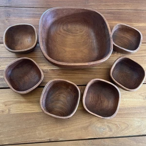 Set Of 7 Good Wood Genuine Teak Salad Bowls Made In Thailand Vintage MCM. F1 - Picture 1 of 13