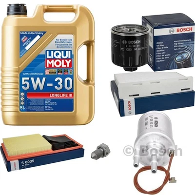 BOSCH Inspektionspaket 5 L Liqui Moly Longlife 3 5W-30 für VW Golf Plus 1.4 16V - Bild 1 von 4