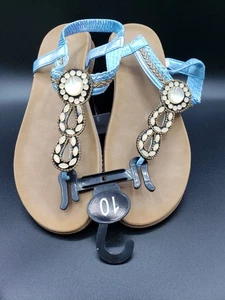 Aqua Straps with Cognac Beads & Cream Rhinestones Womens Sandals Size 10 NWT - Picture 1 of 16
