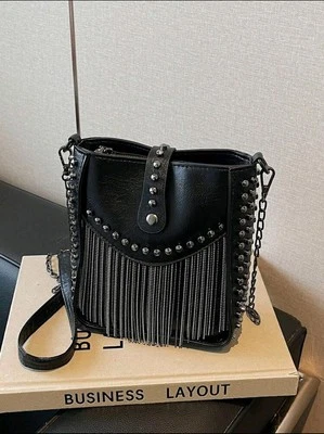 Black Leather Fringe Crossbody Bag with Studded Details  Trendy Shoulder Purse - Image 1 of 4