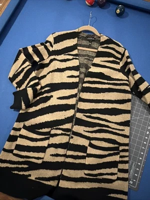 Длинный высокий кардиган Sally свитер женщин L черный / коричневый Tiger полоски открытый передний - Изображение 1 из 4