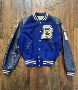 VTG 1963 High School Varsity Jacket 44" - B Letter #80 Letterman Blue Wool Lthr - Picture 1 of 13