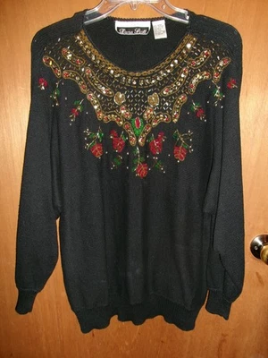 DANA SCOTT Mujer Talla Med. Suéter Navidad Negro con Elaborado Diseño de Cuentas Foto 1 de 4