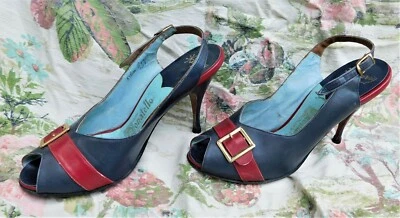 ZAPATOS VINTAGE AÑOS 60 TACONES CON TIRAS BARRY LAST DONATELLO AZUL Y ROJO TALLA 5.5 Foto 1 de 4
