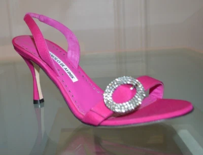 MANOLO BLAHNIK Pink  Selunga New Bejeweled Buckle Heels Satin Twill EU 37 US 6.5 - Image 1 of 4