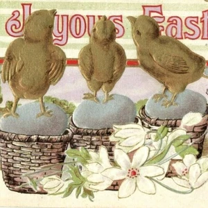 c.1910 Joyous Easter Three Cute Chicks Eggs Baskets Flowers Antique Postcard - Picture 1 of 3