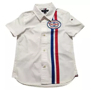 Tommy Hilfiger Boys Racing Shirt Botton Down Short Sleeve Logo Patch 2XS - Picture 1 of 11