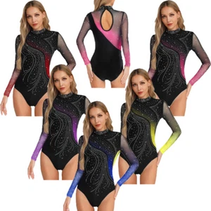 Women Gymnastics Leotard Long Sleeve Shiny Rhinestone Skating Bodysuit Dancewear - Picture 1 of 41