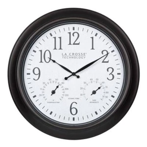 Wall Clock 18 in. Round Indoor Outdoor Dark Brown Atomic Analog Temp Humidity - Picture 1 of 8