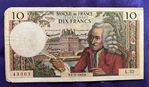 FRANCE 1963 VOLTAIRE 10 FRANC NOTE - Picture 1 of 2