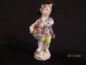 Genuine Antique Meissen Figurine Carrying Basket of Fruit 5 1/4" H Cross Swords - Picture 1 of 15
