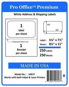 250 Blatt/250 Etiketten Pro Office Selbstklebendes Versandetikett mit Abreiß USA - Bild 1 von 7