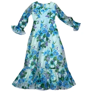 Vintage 70s Long Blue Floral Gown Avalon Classics Size 12 Scoop Neck High Waist - Picture 1 of 14