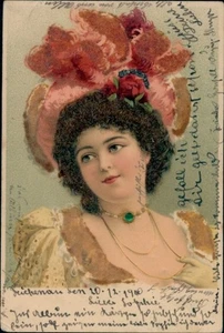 Material Litho Porträt einer jungen Frau, Hut mit Federn - 4867983 - Picture 1 of 2