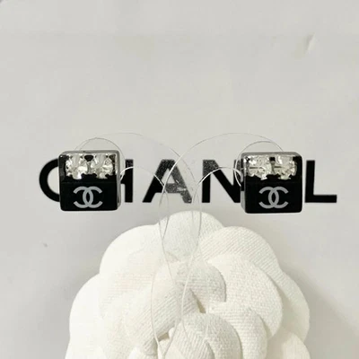 Pendientes CHANEL Marca de Coco Piedra Cristal Cuadrado Transparente Negro #1016 Foto 1 de 4