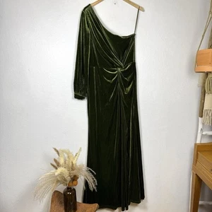 Revelry Aurora Velvet Dress Women’s 16 Olive Green One Sleeve Maxi Slit Formal - Picture 1 of 16