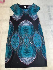 Chico’s Colorful Sheath Dress Sz 4 XL Black Cap Sleeve Princess Seams Short Slv - Picture 1 of 4