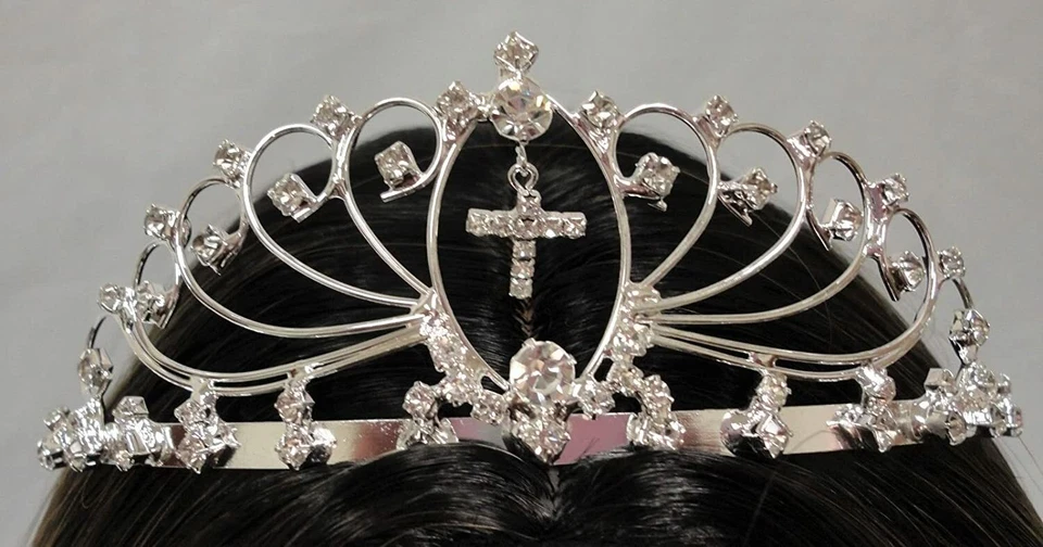 White First Communion Tiara Crown, Silver Rhinestone Crystals Tiara w Cross,
