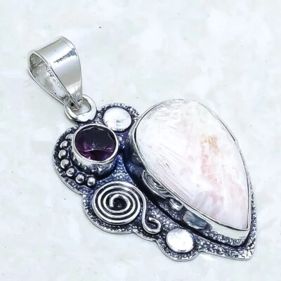 Scolecite, Gemma Di Ametista, Pendente In Argento Fatto A Mano 1,7" PRJ13170 - Immagine 1 di 2
