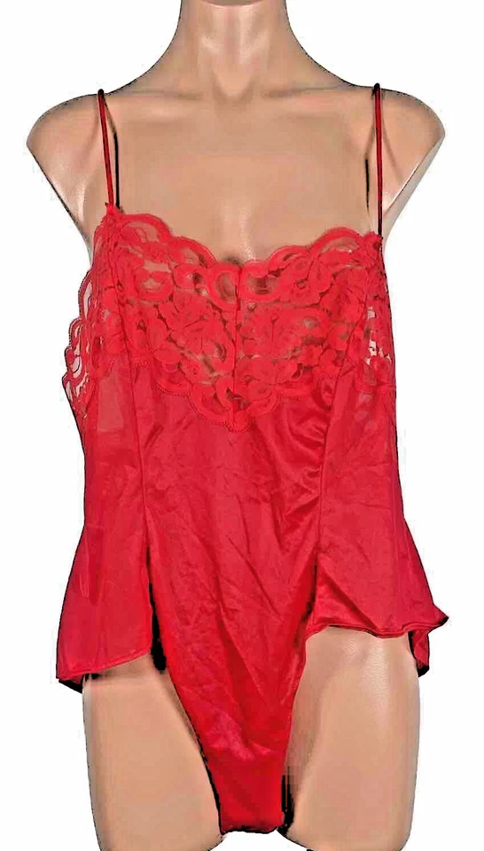De Colección Años 90 Ropa Encubierta L Rojo Encaje Nylon Teddie Mameluco Lencería Peluche Body Foto 1 de 4