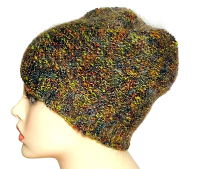 Mohair Hand Knit Beanie Watch Cap Hat Brown Green Orange Golden Lurex Italy Yarn - Image 1 of 4