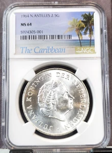 1964 NETHERLANDS ANTILLES SILVER 2.5 GULDEN QUEEN JULIANA NGC MS 64 BEAUTIFUL BU - Picture 1 of 3