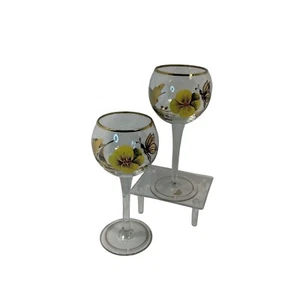 Vintage Romanian Hand-Painted 6 oz Wine Glasses Butterfly Floral Gold Set of 2 - Picture 1 of 13