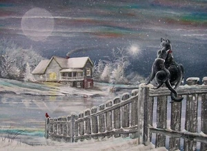 Arte Popular Navidad Invierno Gato IMPRESIÓN "Primera Fecha" Byrum Art - Imagen 1 de 1