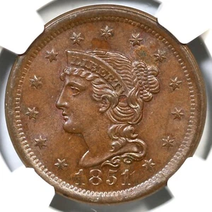 1851 N-38 NGC MS 63 BN Braided Hair Large Cent Coin 1c - Picture 1 of 5