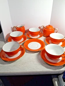 Vintage Orange Sugar Bowl & Creamer with 5 Cups & 6 Small Saucers. - Picture 1 of 5