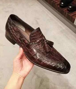 Men Handmade Brown Crocodile Texture Leather Formal Dress Moccasin Tassels Shoes - Picture 1 of 10