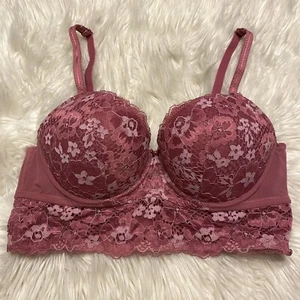 Adored By Adore Me 36D Bra Pink Floral Lace Longline Underwire Back Closure - Picture 1 of 7