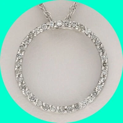 Diamond Eternity Circle Pendant Necklace .17CT 14K White Gold 18” Chain - Image 1 of 4