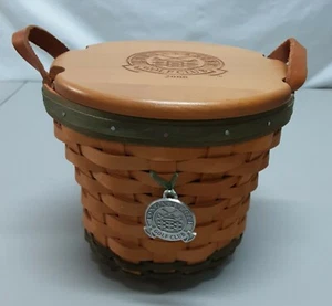 2000 Longaberger Golf Club basket w/green trim, leather handles, wood lid - Picture 1 of 5