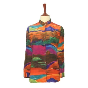 Womens Silky Shirt Button Up Multicolor Abstract Graphic Casual Party Tunic M - Picture 1 of 7