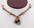 17" Pink & Green Unakite Copper Bead Necklace w/Enamel Bird Unakite Drop Pendant