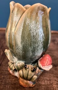 Majolika Stil Keramik Frosch Tulpe Seerose Cottagecore Vase Vintage - Bild 1 von 10