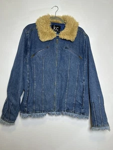 KC Womens Denim Jacket Fully Lined Zip Up Faux Fur Collar Size XL - Picture 1 of 8