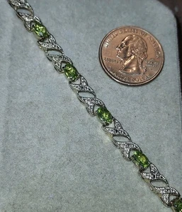 Vintage 925 Sterling Silver Genuine Diamond & Peridot Tennis Bracelet-14g-8 - Picture 1 of 7