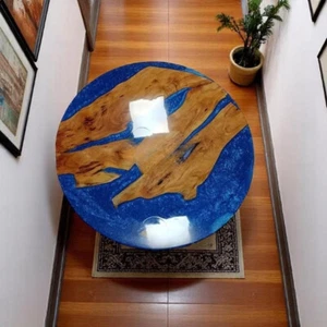 Sofá central de resina epoxi maciza azul mesa de centro madera de acacia natiral borde vivo - Imagen 1 de 6
