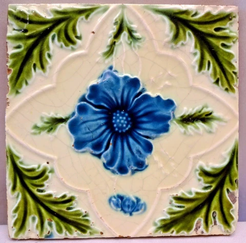 Antique English Tile Majolica Flower Motif Design Ceramic Architecture Rare "142 Cover