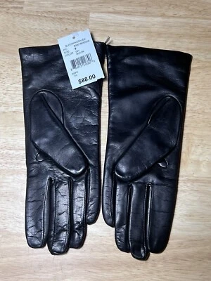 Size 6 NEW Bloomingdale's Black Leather Gloves with Cashmere Lining  $88 - Image 1 of 4