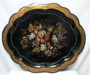 Vintage Hand Painted large metal tray platter black Pineapple Melon 25" x 20.5" - Picture 1 of 18