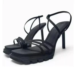 Zara Black Strappy High Heel Sandals Lug Sole Leather Size 41 NWOB - Picture 1 of 9