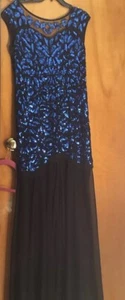 SZ L 1920s Blue Black Sequin Gatsby Maxi Long Evening Holiday Cocktail Gown - Picture 1 of 2