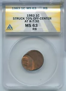1983-P Lincoln Memorial Cent Error 70% Off Center ANACS MS63RB -SS966 - Picture 1 of 2
